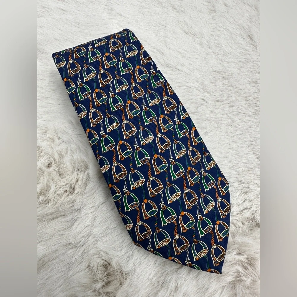 Salvatore Ferragamo Equestrian Silk Tie‎ Navy Green Orange | Made in Italy